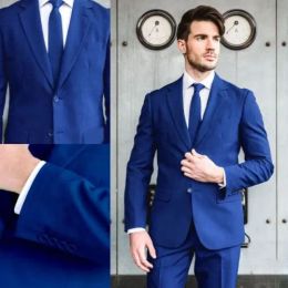 Pakken Nieuwe Royal Blue Elegant Groom Wears Peak Rapel Tuxedo Custom Made Made Men Wedding Suit Fashion Men's 2 Pieces Sset (jas+broek)