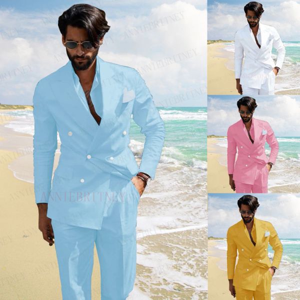 Trajes Nuevo traje de verano para hombre, traje de lino azul cielo, chaqueta cruzada de playa, traje entallado personalizado para novio, padrino de boda, conjunto de chaqueta y pantalones de esmoquin