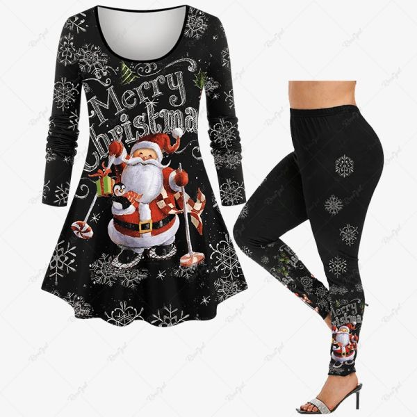 Costumes Nouveau chapeau de noël pour femmes arbre pingouin flocon de neige bonbons fruits boutons ceinture impression 3D t-shirt ou leggings quotidien décontracté ensemble assorti