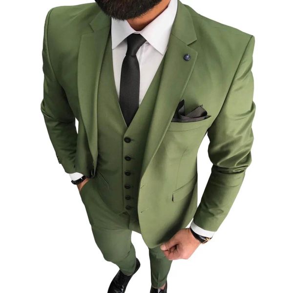 Costumes Vert Olive costume pour hommes 3 pièces formel affaires cran revers Tuxedos garçons d'honneur costume ensemble pour mariage (Blazer + gilet + pantalon