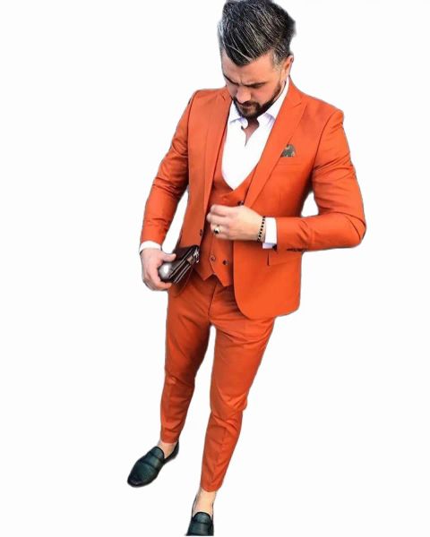 Trajes Naranja Slim Fit Trajes de fiesta para hombre Conjuntos de chaqueta con un botón Trajes de boda para hombres Esmoquin Tres piezas Blazers Chaqueta + Pantalones + Chaleco