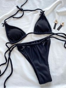 Trajes de baño de retales para mujer, conjunto de Bikini con cordón, traje de baño lateral con volantes, traje de baño Sexy para mujer, trajes de baño con cuello Halter, ropa de playa de dos piezas