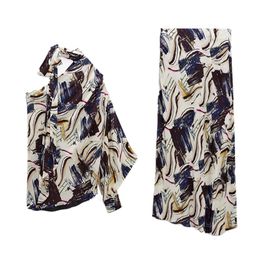 Trajes PB ZA otoño e invierno nueva camisa retro chic con cordones estampado asimétrico + falda larga drapeada de cintura alta 8740/352