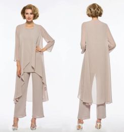 Pakken plus size moeder van de bruid pant suit 3 -delige chiffon voor strand trouwjurken moeders jurken lange mouwen goedkope moeders vorm