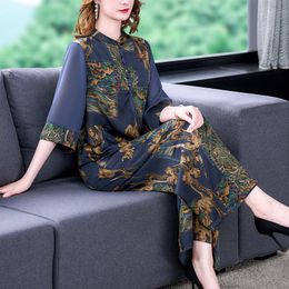 Pakken Retro Silk Printing Women Sust Wide Leg Pants 2022 Lente en zomer Nieuwe losse korte mouw Fashion Two -Piece Set