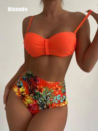 Suits Riseado Hoge Taille Bikini Badpak Sexy Push Up Badmode Vrouwen 2023 Oranje Biquinis Bloemen Gedrukt Zomer Beachwear 230605