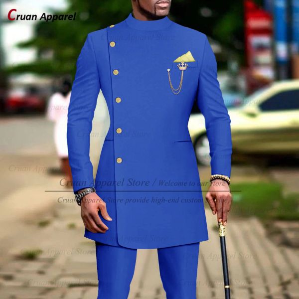 Costumes Costume bleu royal hommes coupe ajustée luxe boutons d'or veste pantalon 2 pièces mode personnalisée smoking africain Ankara tenue pour mariage