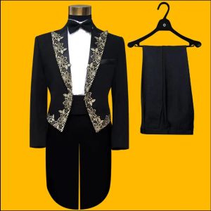 Costumes S3xl hommes mode noir brodé Costumes Tuxedos Tailcoat mâle mariage marié robe formelle chanteur magicien Performance Costumes