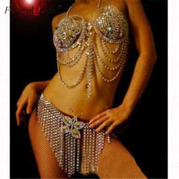 Costumes Sexy Diamond Bikini Set Crystal Tops Tops Tassel Jupe Y2K Top Body Chain Bra Suit Shiny Festivals Women Vêtements pour la boîte de nuit