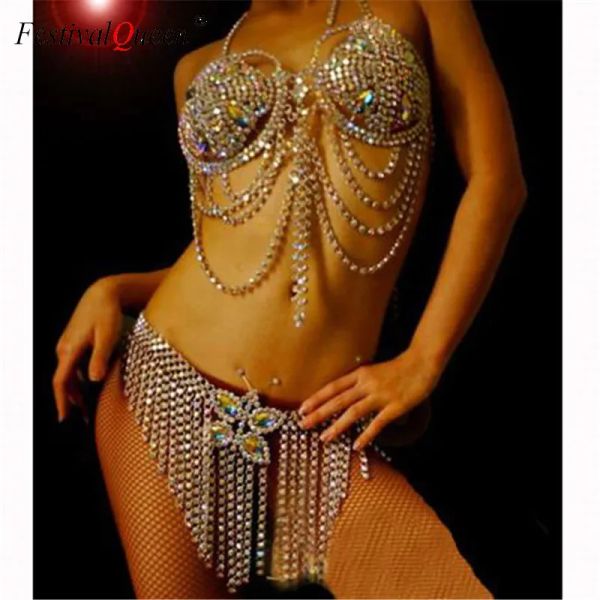 Costumes Sexy Diamond Bikini Set Crystal Tops Tops Tassel Jupe Y2K Top Body Chain Bra Suit Shiny Festivals Women Vêtements pour la boîte de nuit