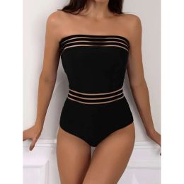 Costumes Sexy une pièce maillot de bain femmes noir rose bleu sans bretelles creux Tankini taille haute push up ventre contrôle maillots de bain Monokini