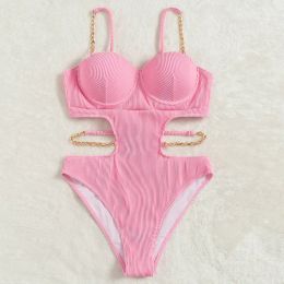 Pakken Sexy Push Up Underwire One Piece Swimsuit Women Solid Pink Metal Chain Hollow Out Ribbed Bathing Sit Backless Swimwear Monokini