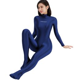 Pakken sexy vrouwen glans een stuk tsed zwempak strak glanzende hoge vork vork elasticiteit met lange mouwen gladde yoga rits fitnesskleding