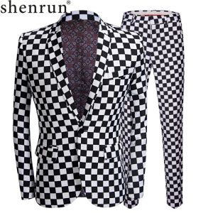 Pakken Shenrun Fashion Suit Men Black White Plaid Print 2 stuks Set nieuwste jas pant ontwerpen trouwstadium zanger Slim Fit kostuum