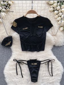 SINGREINY Vrouwelijke Politie-uniform Sexy Lingerie Outfit Hol Kikker Mini Top + Lace Up Thongs Cosplay Erotische Porno Ondergoed Pakken