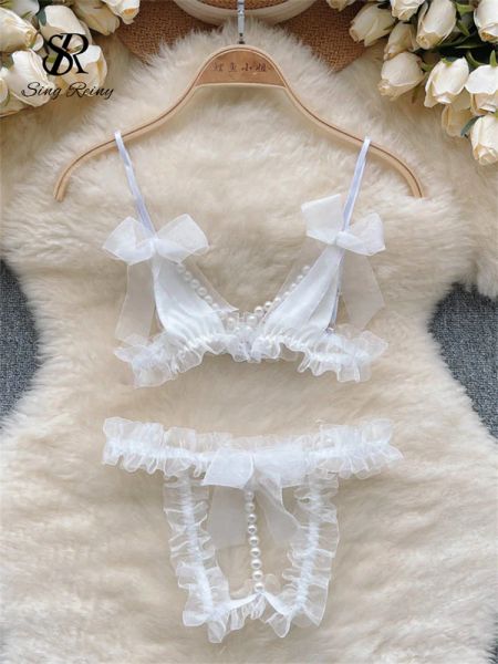 Trajes SINGREINY, ropa interior de malla de perlas, trajes para mujer, sujetador Sexy con lazo y tangas, traje porno erótico con espalda descubierta, conjuntos de lencería Sensual de encaje