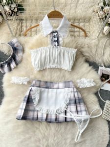 Trajes SINGREINY, pijamas sensuales, trajes de falda dulce para mujer, camisola con cuello Halter y falda a cuadros, tangas, conjuntos de ropa interior erótica de estilo japonés