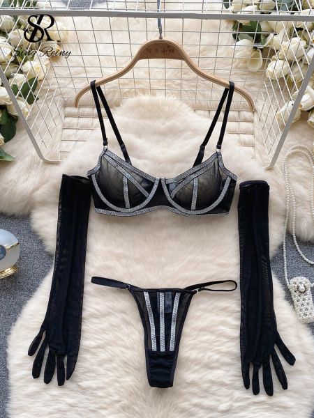 SINGREINY – ensemble trois pièces de Lingerie porno érotique transparente, soutien-gorge à bretelles + gants en maille + tongs, sous-vêtements sensuels transparents