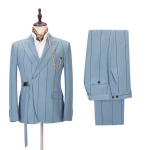 Costumes Bleu Ciel Stripe Blazer Ensembles 2 Pièces Manteau Pantalon Dernière Conception Slim Fit Mariage Complet Hommes Costume Élégant Bal Parti Vêtements Formels