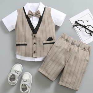 Pakken Solocote Toddler Boys Bow Neck Style Little Gentleman Stripe Party Wedding Pak voor shirt Shorts Vest Jacket 230617