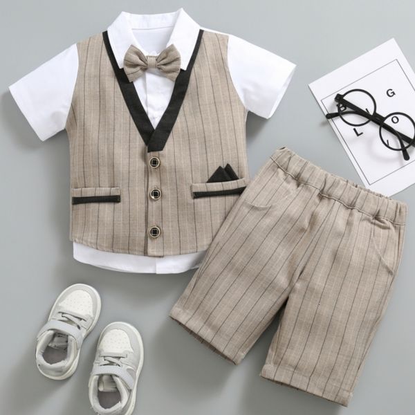 Costumes SOLOCOTE Toddler Boys Bow Neck Style Little Gentleman Stripe Party Costume De Mariage Avant Chemise Shorts Gilet Veste 230617