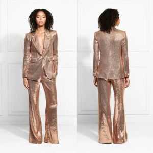 Costumes Sparkly pailled Mother of the Bride cosits bling bling slim fit women robes de fête de fête de soirée pour le mariage (veste + pantalon)