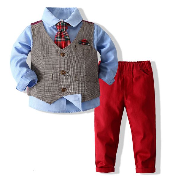 Costumes Printemps Automne Bébé Garçon Gentleman Costume Chemise Bleue avec TiePlaide VestTrousers 3 Pcs Formelle Enfants Vêtements Ensemble Robe De Fête De Mariage 230526