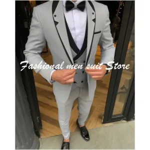 Costumes Street Fashion gris clair hommes costumes Unique revers Tuxedos marié mariage Blazer bal Slim Fit Terno 3 pièces veste + pantalon + gilet