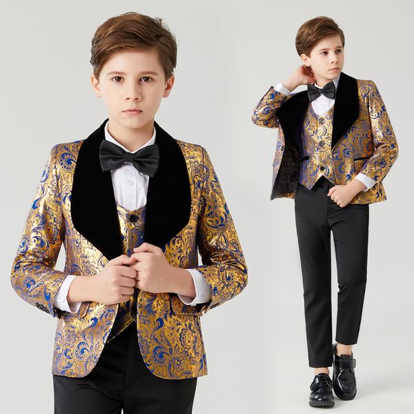 Trajes Traje para niño vestido de novia de comunión niño disfraz infantil traje azul dorado niño cuello negro 3PCS Flower Boys 230830