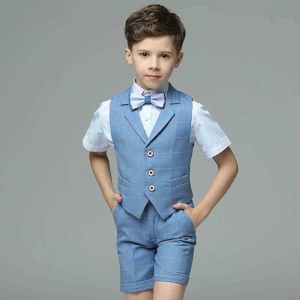 Costumes D'été Enfants Costume À Carreaux Formel Ensemble Garçons Fête De Mariage Piano Performance Robe Costume Enfants Gilet Chemises Pantalon Vêtements EnsembleHKD230704