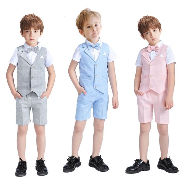 Trajes de verano para niño pequeño, conjunto de chaleco sólido, pantalones de 3 piezas, esmoquin con pajarita para 214 años, hecho a mano, de alta calidad, a cuadros para niños, 230608