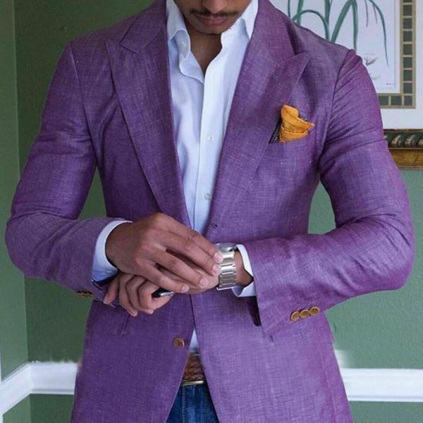 Trajes Trajes de lino de verano para hombre, esmoquin morado de 2 piezas para boda en la playa, solapa con visera para novio, traje informal ajustado para hombre (Blazer + pantalones)