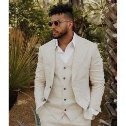 Costumes d'été Nouveau arrivateur Hommes costumes en lin mince de haute qualité 3 pièces Fashion Peak Blazer Blazer Beige Wedding Groom Casual Tuxedo