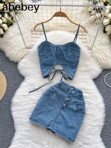 Pakken zomer preppy stijl schattige solide vneck tanktops hoge taille mini aline jeans rokken pakken voor vrouwelijke outfits