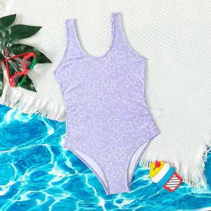 Suits Summer Retro Purple Girls Swimwear One Piece Triangle Vacation Suite des adolescentes Kids Kiding Bathing Costume Beachwear