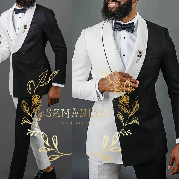 Costumes Szmanlizi Blazer sets Blanc Black Black Double Breasted Men Suit for Wedding 2022 Dernier design Fashion Groom Suit Prom Party Tuxedo