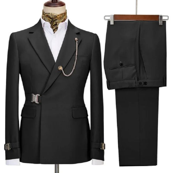 Trajes Traje negro hecho a medida para hombre, traje ajustado con doble botonadura, traje de boda Formal de 2 piezas, chaqueta de padrino de boda, pantalones (chaqueta + pantalón)