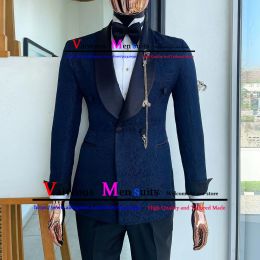 Suits TailorMade Men traje 2 piezas Classic azul marino azul Jacquard Traje de boda para hombres 2022 Slim Fit Groom Tuxedo disfraz de Mariage Homme