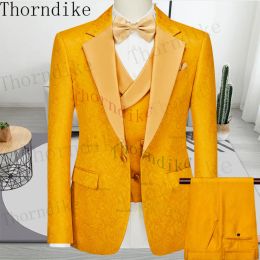 Pakken Thorndike 2022 Nieuwe Mode Formele Geel Jacquard Mannelijke Slim Fit Pak Party Notch Revers Bruidegom Bruiloft Tuxedo Prom Pak voor Mannen