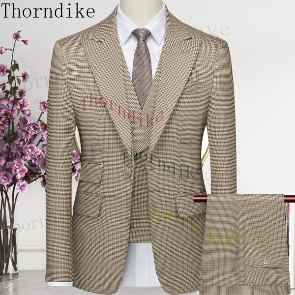 Costumes Thorndike Hot Sell Khaki Plaid Plaid Made Classic Groom Tuxedo Groomsmen meilleur homme Suit Médinage Blazer pour hommes + gilet + pantalon Costume