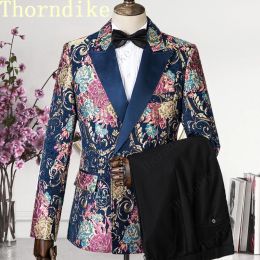 Suits Thorndike New Fashion Groom Navy Blue Blue Jacquard Tuxedos Men's Wedding Party Groomsman Suits Terno 2019 (Jacket+Pant+Chaleco)