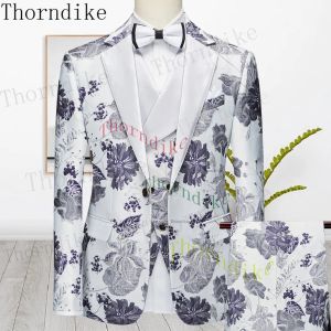 Pakken Thorndike Nieuwe Mannen Casual Boutique Business Slim Print Bloem Single Breasted Formeel Pak Set Jurk Blazers Jas Broek Vest