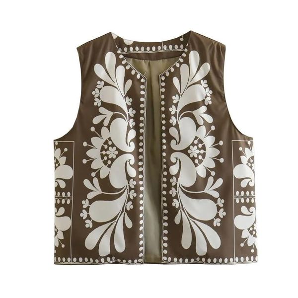 Costumes Traf imprimé Boho gilet femme recadrée gilets sans manches pour femmes 2023 Vintage Chic et élégant femme veste gilet manteaux courts