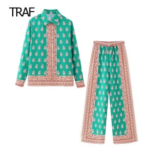 TRAF Geweven Print Outfit Herfstoutfits Voor Vrouwen 2023 Mid Taille Tie Riem Broek En Revers Kraag Lange Mouw Knop shirt Set