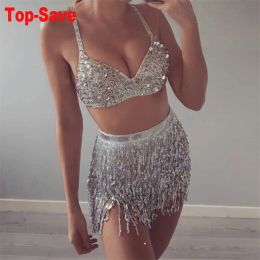 Trajes vacaciones disfraz de Halloween traje rave falda de lentejuelas para mujer conjuntos de dos piezas vestido de fiesta de noche con borlas Top corto ropa de Festival