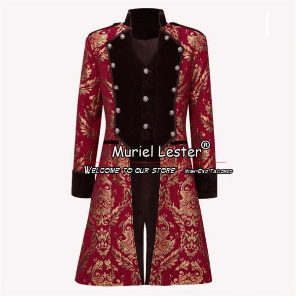 Costumes Veste de costume pour hommes à fleurs vintage sur mesure Tuxedos de marié en jacquard sur mesure RedGold Tweed Mélange de laine Trench Coat Long