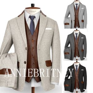 Pakken Vintage Tweed Pak Voor Mannen Slim Fit 3 Delige Blazer Set Lederen Vest Visgraat Kostuum Homme Terno Masculino Custom Made Mannelijke