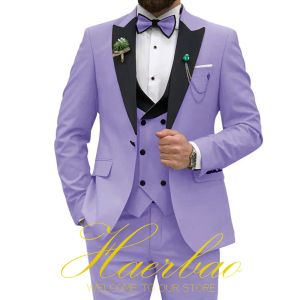 Costumes Costume de mariage pour hommes de couleur violette, ensemble 3 pièces (veste + gilet + pantalon), smoking de fête du marié, vêtements formels sur mesure