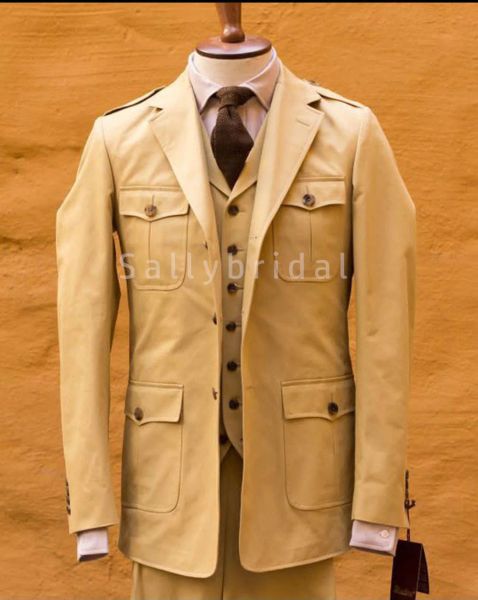 Trajes Vestido de novia Traje Champagne Safari Chaqueta con muesca Solapa Blazer Pantalones Trajes para hombre Conjuntos 3 piezas Ropa de lujo Abrigo Pantalones Chaleco