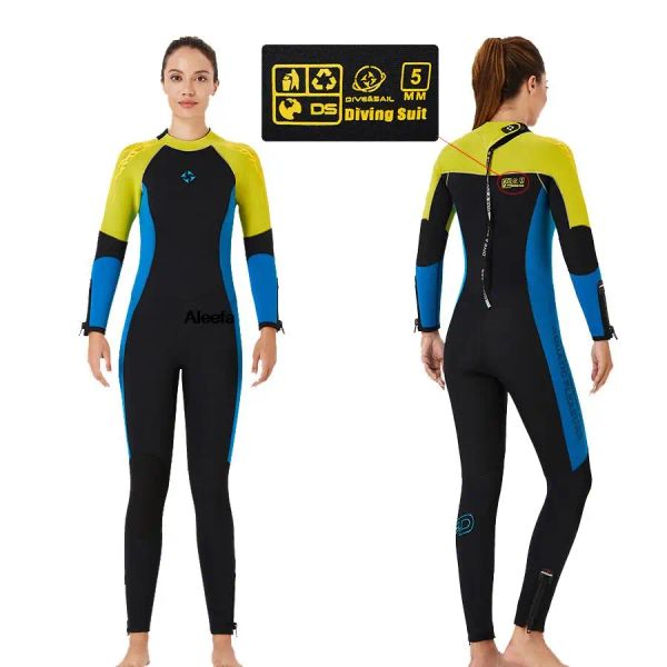 Trajes Traje de neopreno para mujer, traje de cuerpo completo de neopreno de 5MM, traje de buceo de terciopelo de manga larga de una pieza, traje de surf de buceo libre